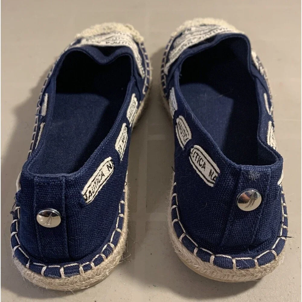 Nautica Shoes Womens 8 Navy White Nautical Canvas Flats Slip Ons Coastal Boat - Picture 2 of 7